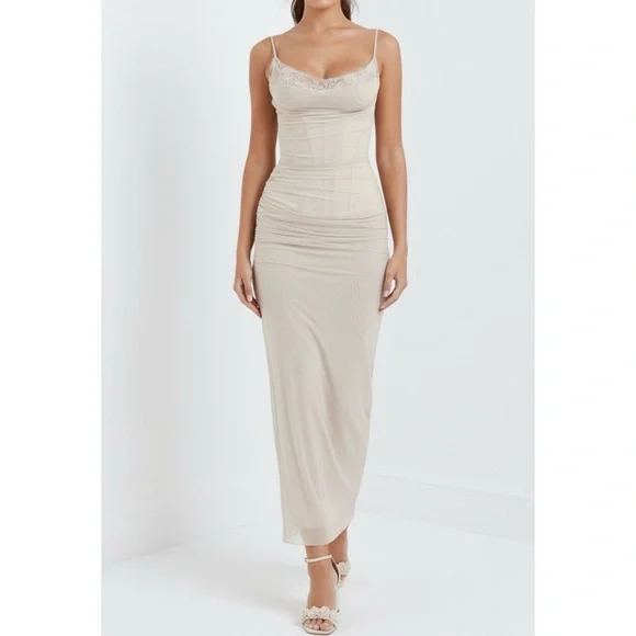 HOUSE OF CB Nalini Mesh Lace Corset Maxi Dress, Sand, L+ - coffeafoods.com
